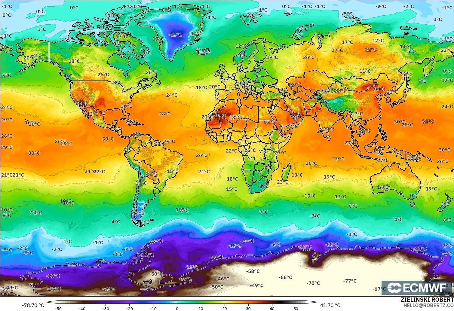 ECMWF IFS 0.25° modelo - Mundo, Temperatura a 2 m