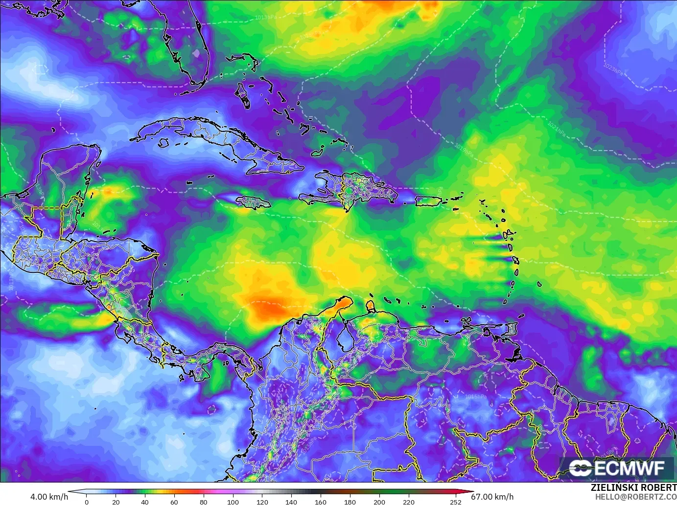 ECMWF IFS 0.25° modelo - Caribe, Ráfagas de Viento Máximas