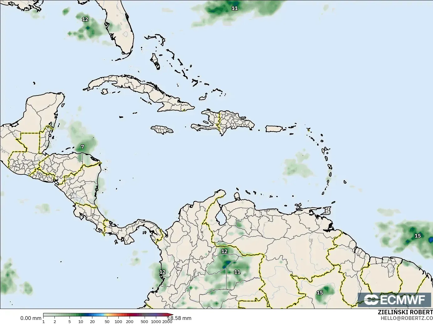 ECMWF IFS 0.25° modelo - Caribe, Acumulación de precipitación