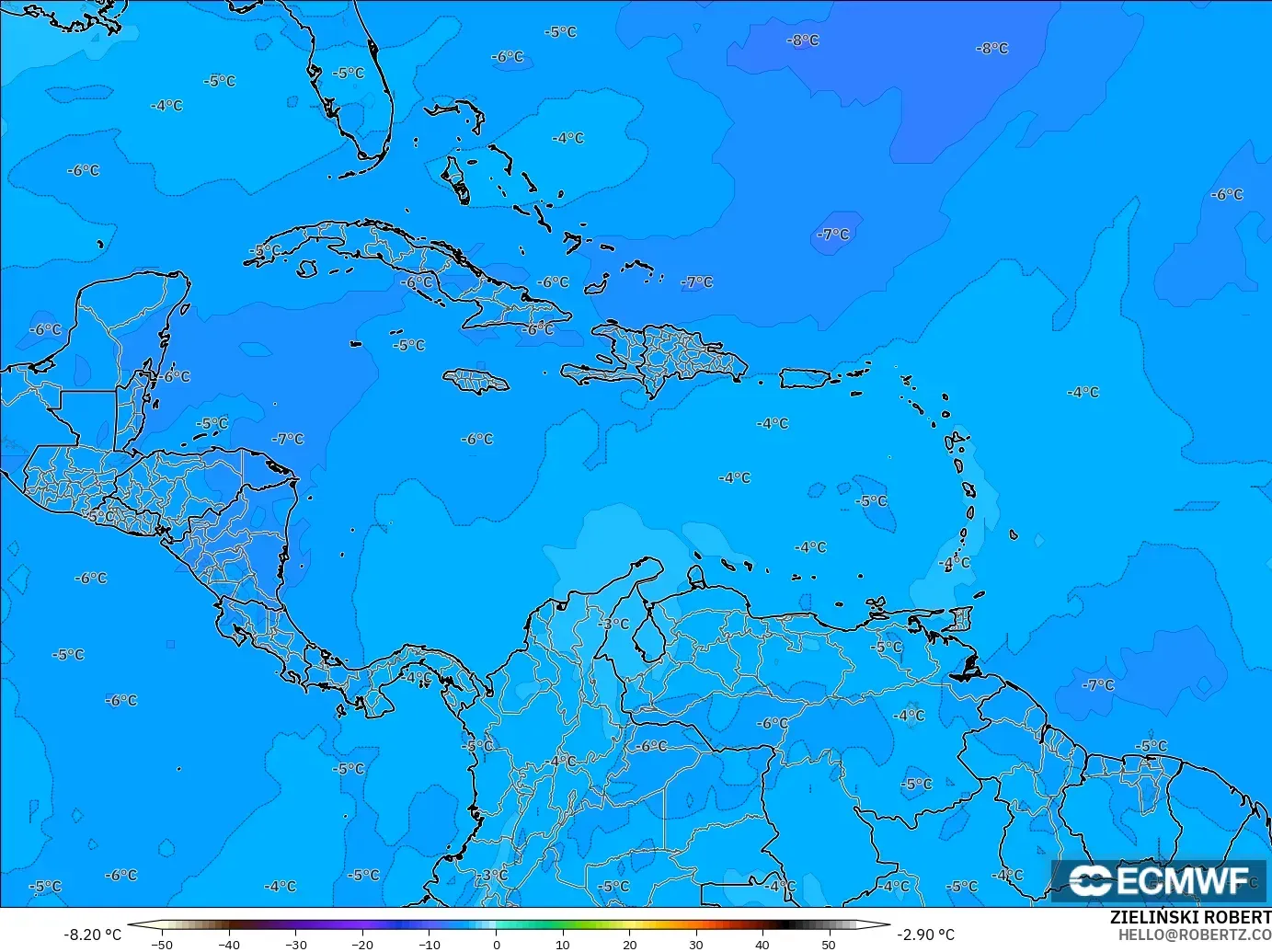 ECMWF IFS 0.25° modelo - Caribe, Temperatura a 500 hPa