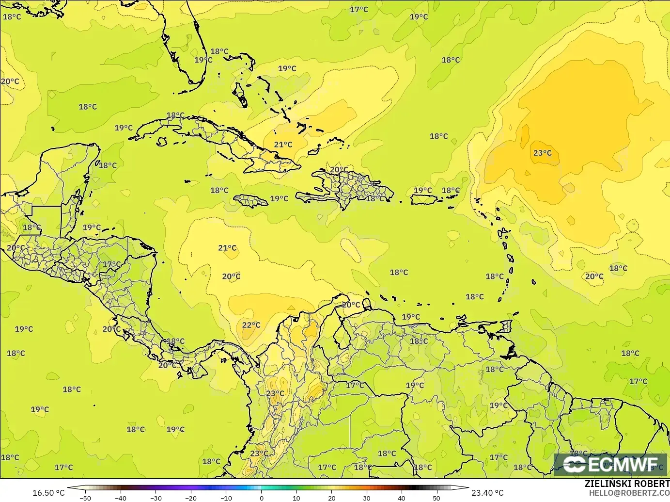 ECMWF IFS 0.25° modelo - Caribe, Temperatura a 850 hPa