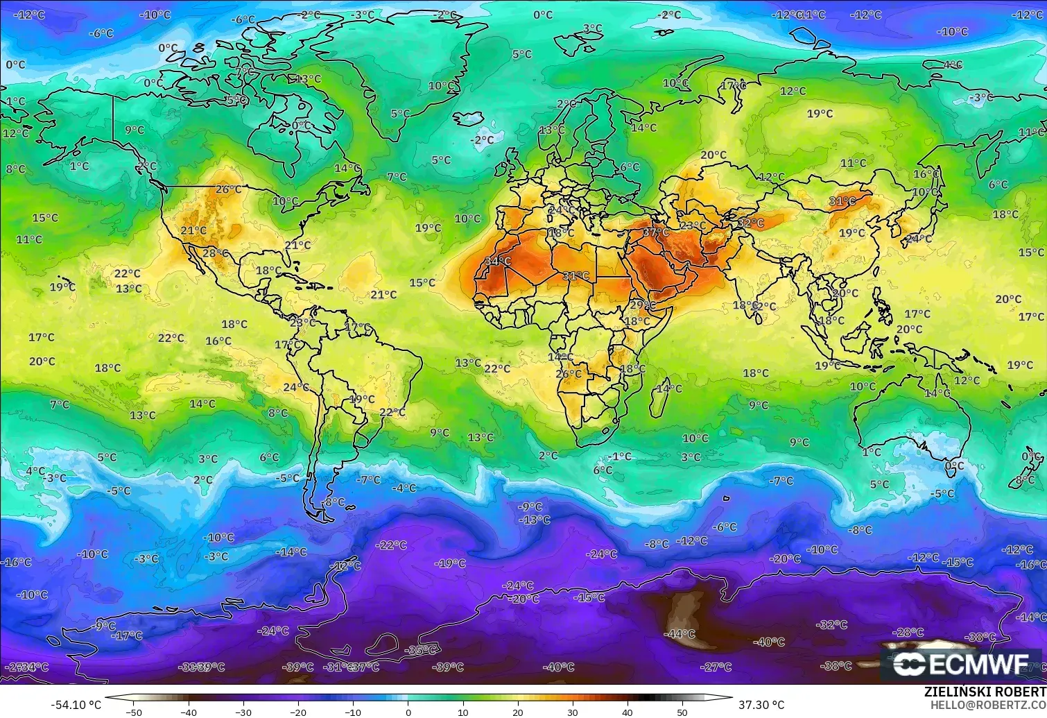 ECMWF IFS 0.25° modelo - Mundo, Temperatura a 850 hPa