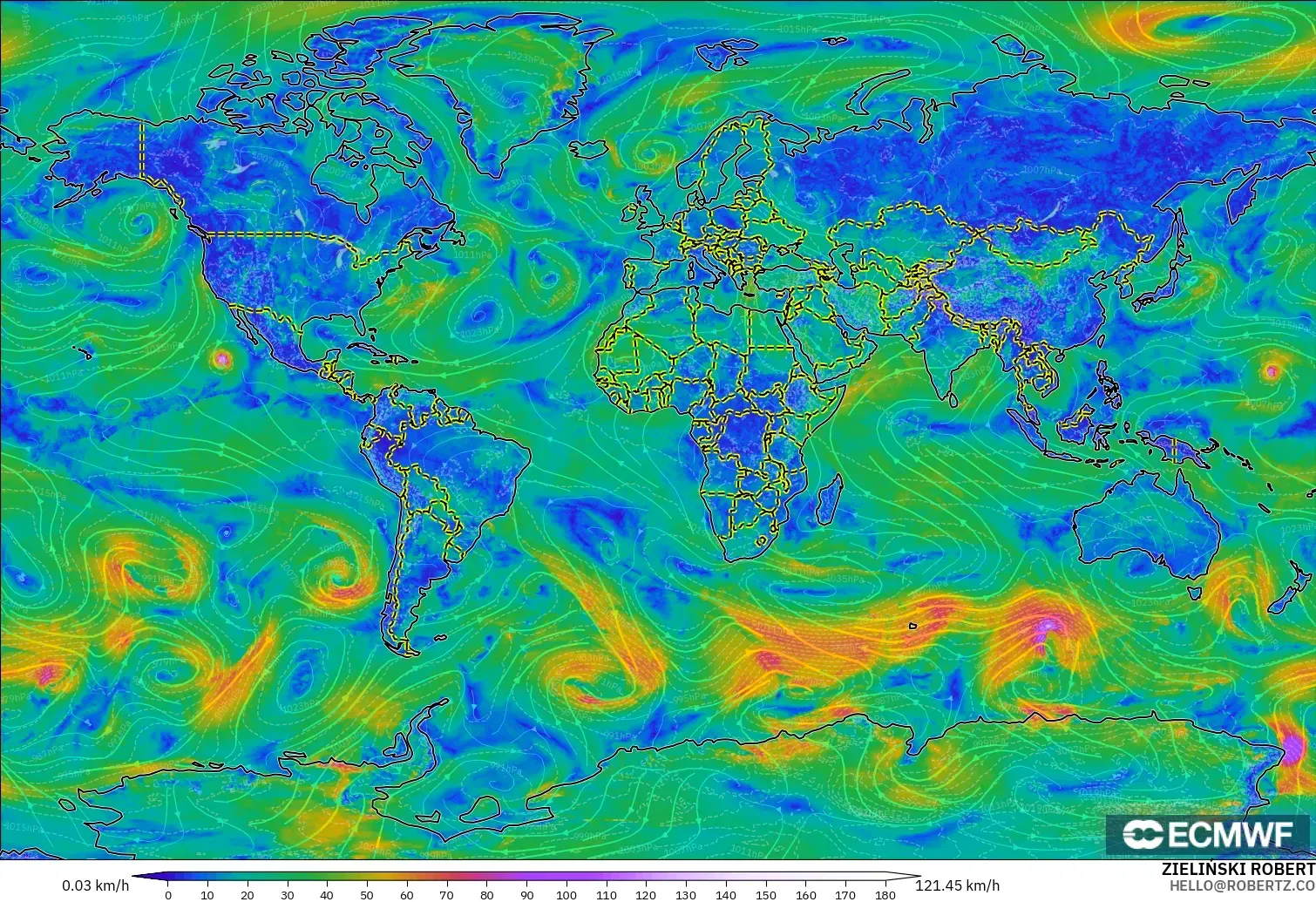 ECMWF IFS 0.25° modelo - Mundo, Viento a 10 m