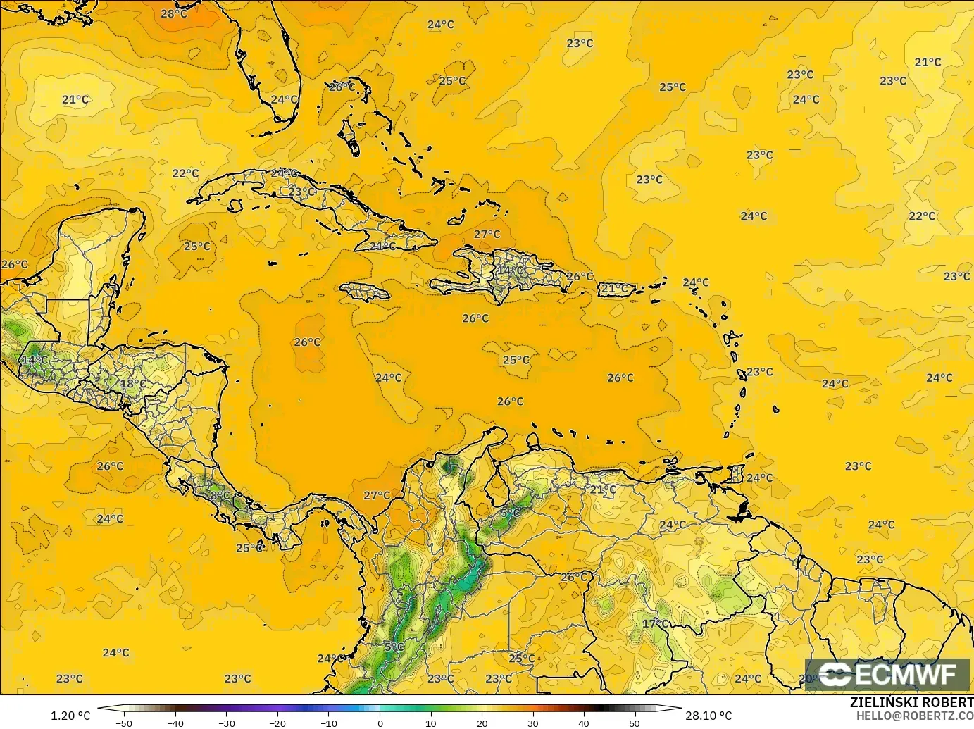 ECMWF IFS 0.25° modelo - Caribe, Punto de rocío a 2 m