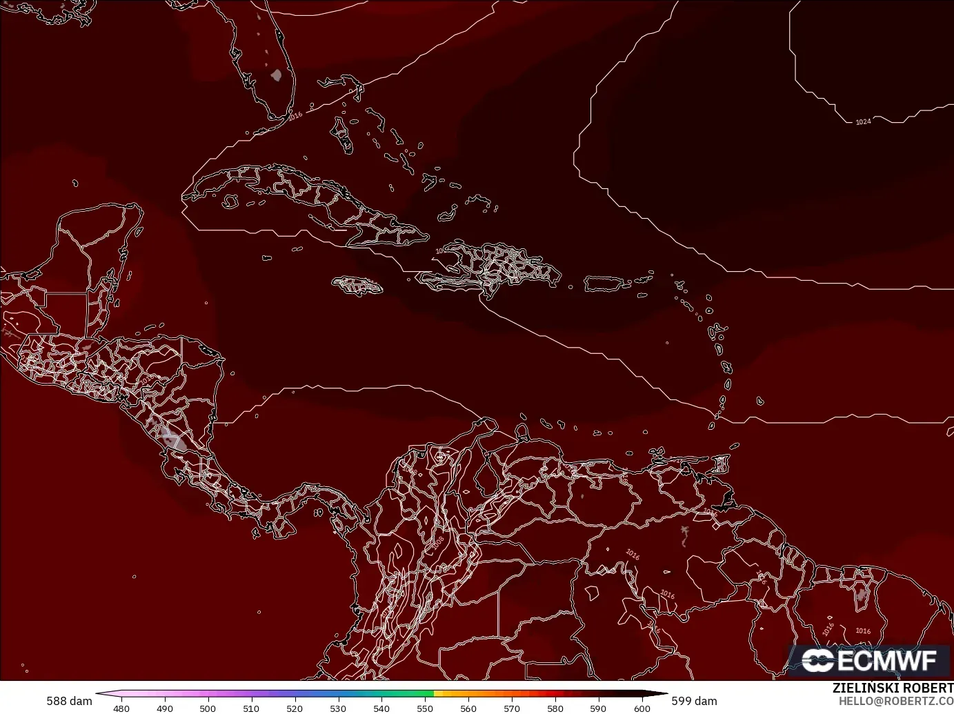 ECMWF IFS 0.25° modelo - Caribe, Altura geopotencial a 500 hPa