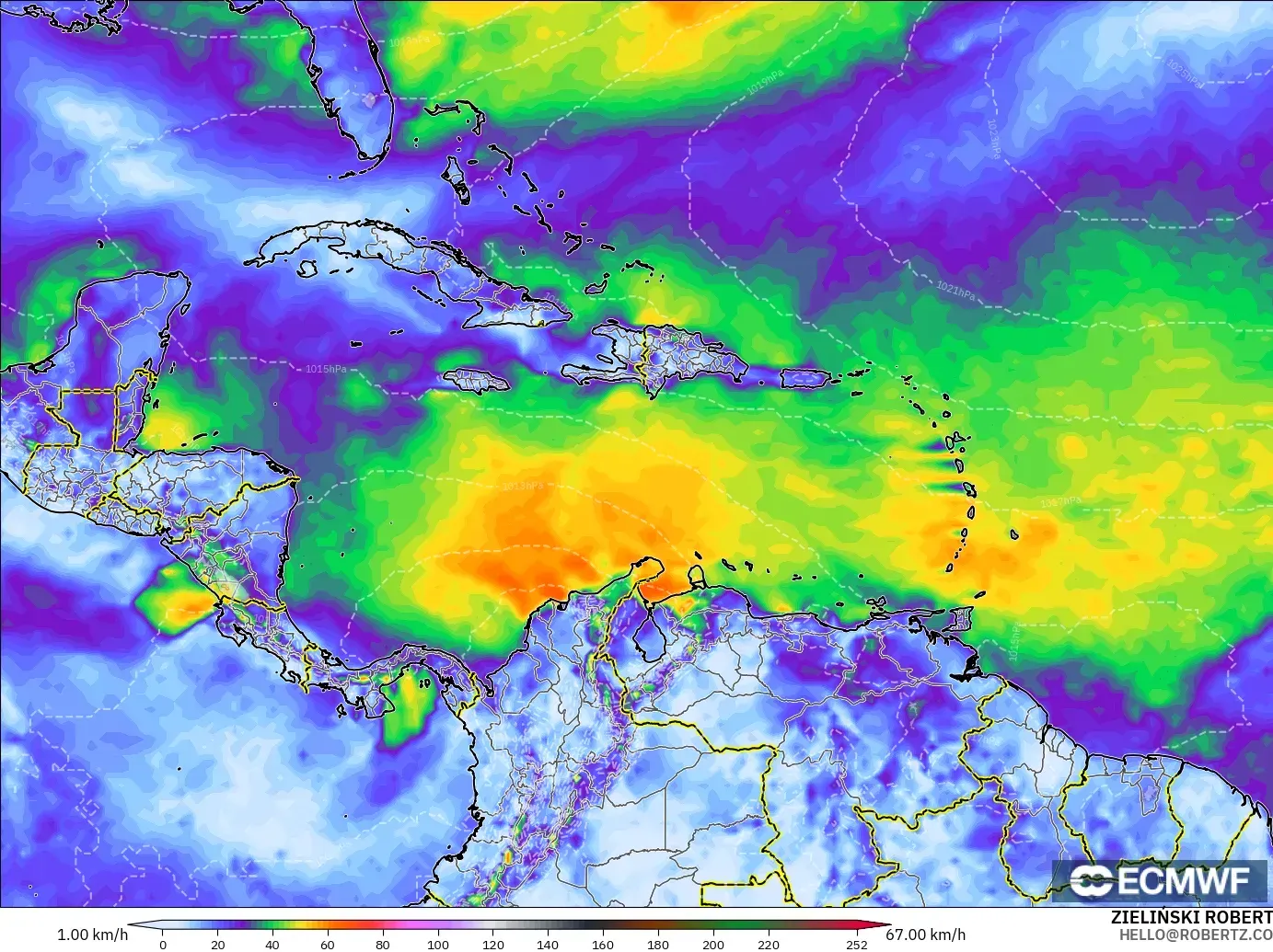 ECMWF IFS 0.25° modelo - Caribe, Ráfagas de viento