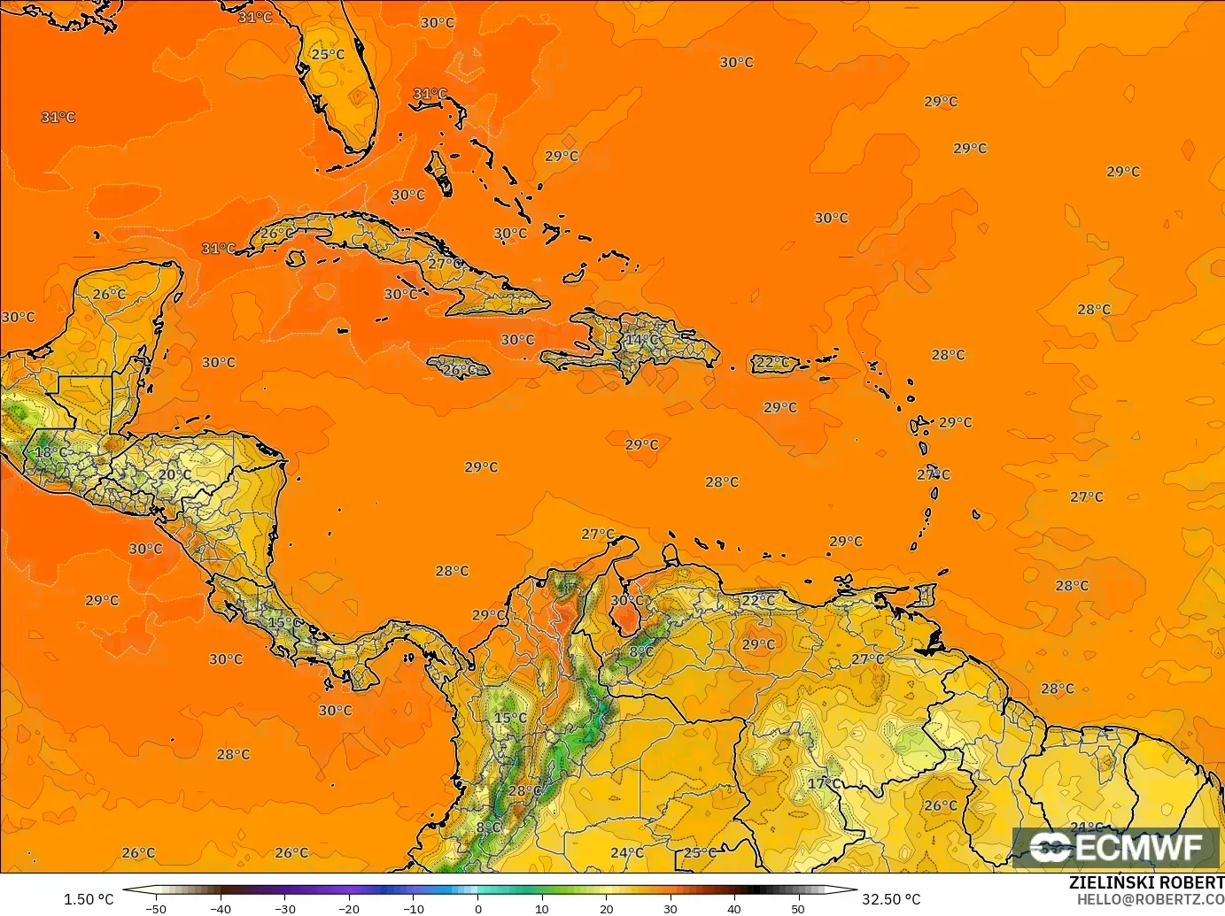 ECMWF IFS 0.25° modelo - Caribe, Temperatura a 2 m
