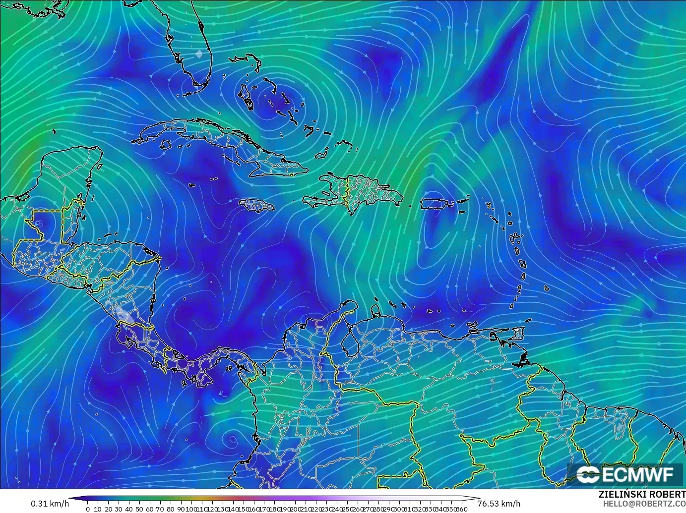 ECMWF IFS 0.25° modelo - Caribe, Viento a 300 hPa (corriente en chorro)