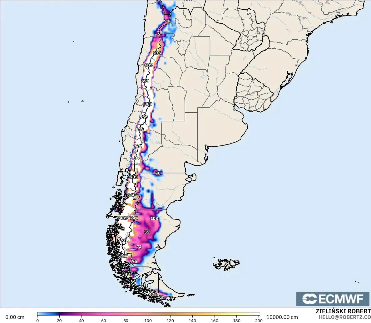 ECMWF IFS 0.25° modelo - Argentina, Profundidad de nieve