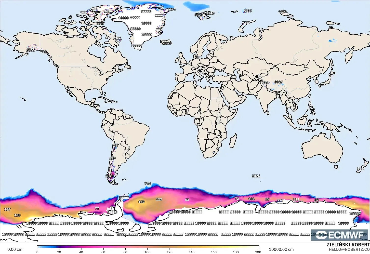ECMWF IFS 0.25° modelo - Mundo, Profundidad de nieve
