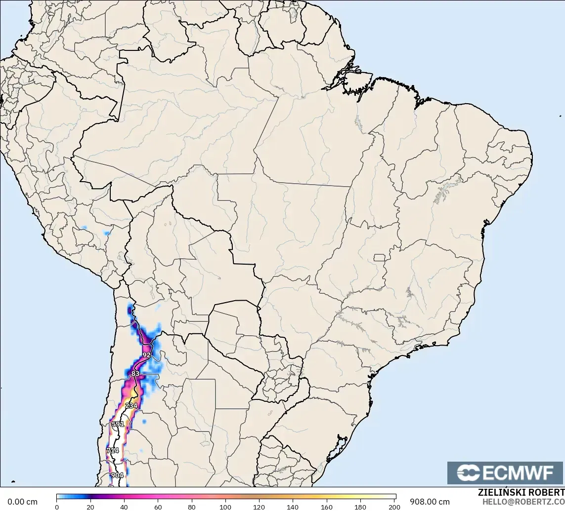 ECMWF IFS 0.25° modelo - Brasil, Profundidad de nieve
