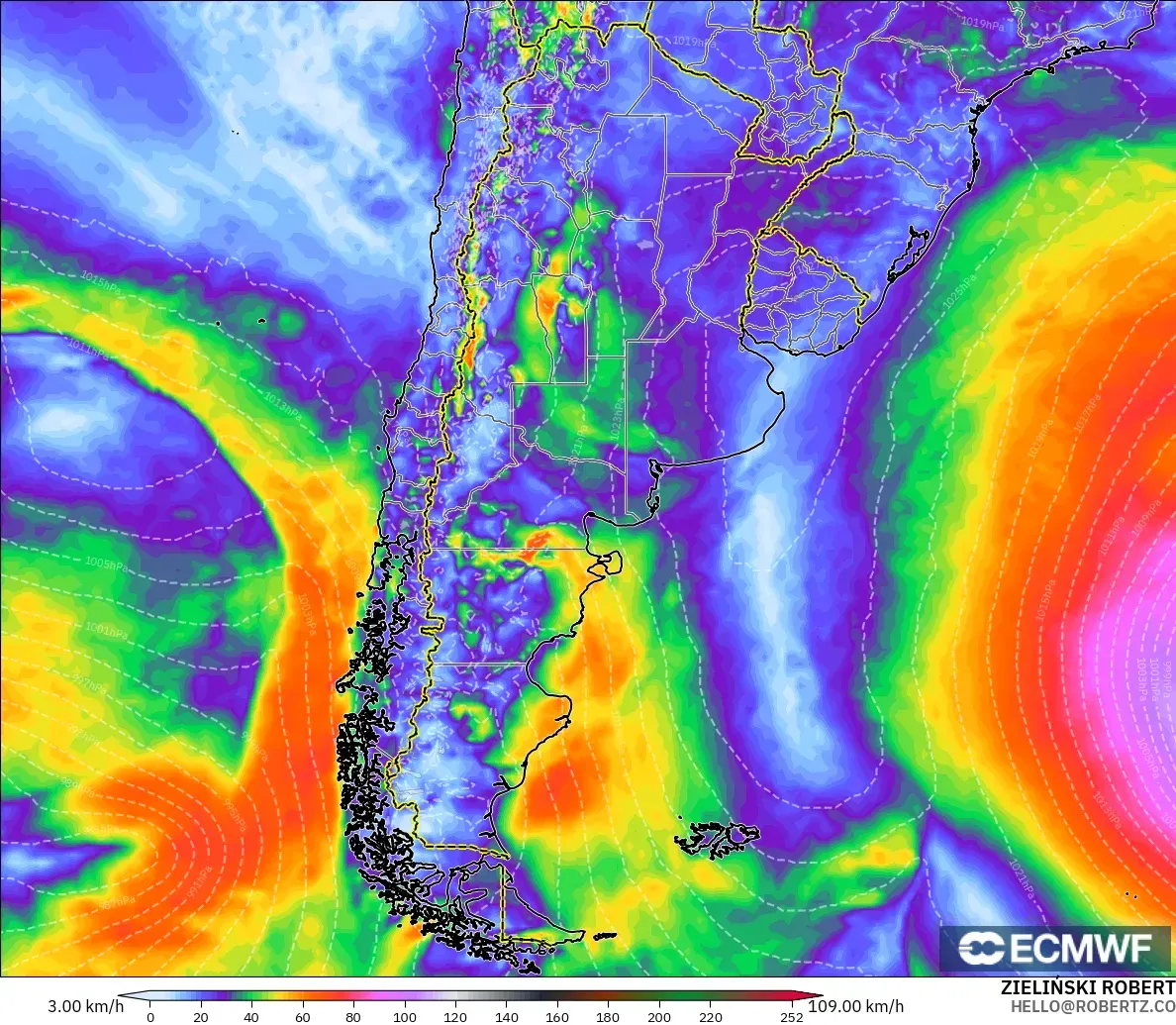 ECMWF IFS 0.25° modelo - Argentina, Ráfagas de Viento Máximas