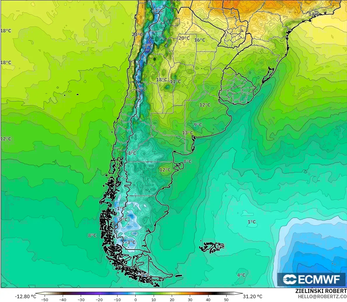 ECMWF IFS 0.25° modelo - Argentina, Temperatura a 2 m