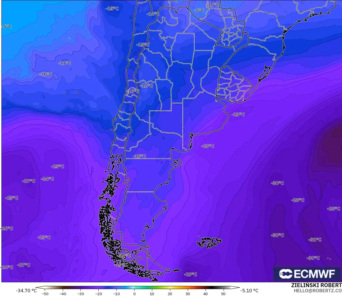 ECMWF IFS 0.25° modelo - Argentina, Temperatura a 500 hPa