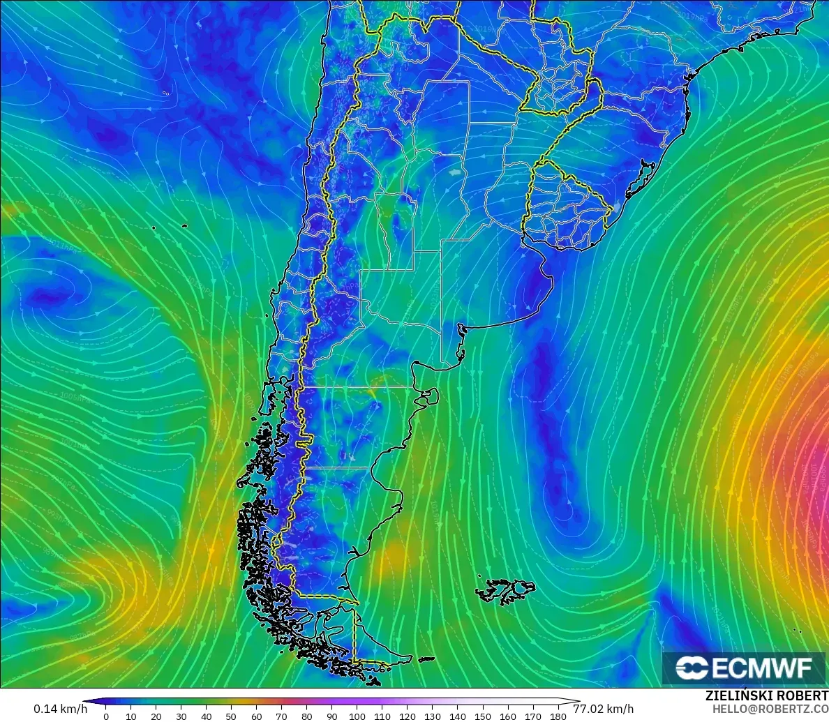 ECMWF IFS 0.25° modelo - Argentina, Viento a 10 m