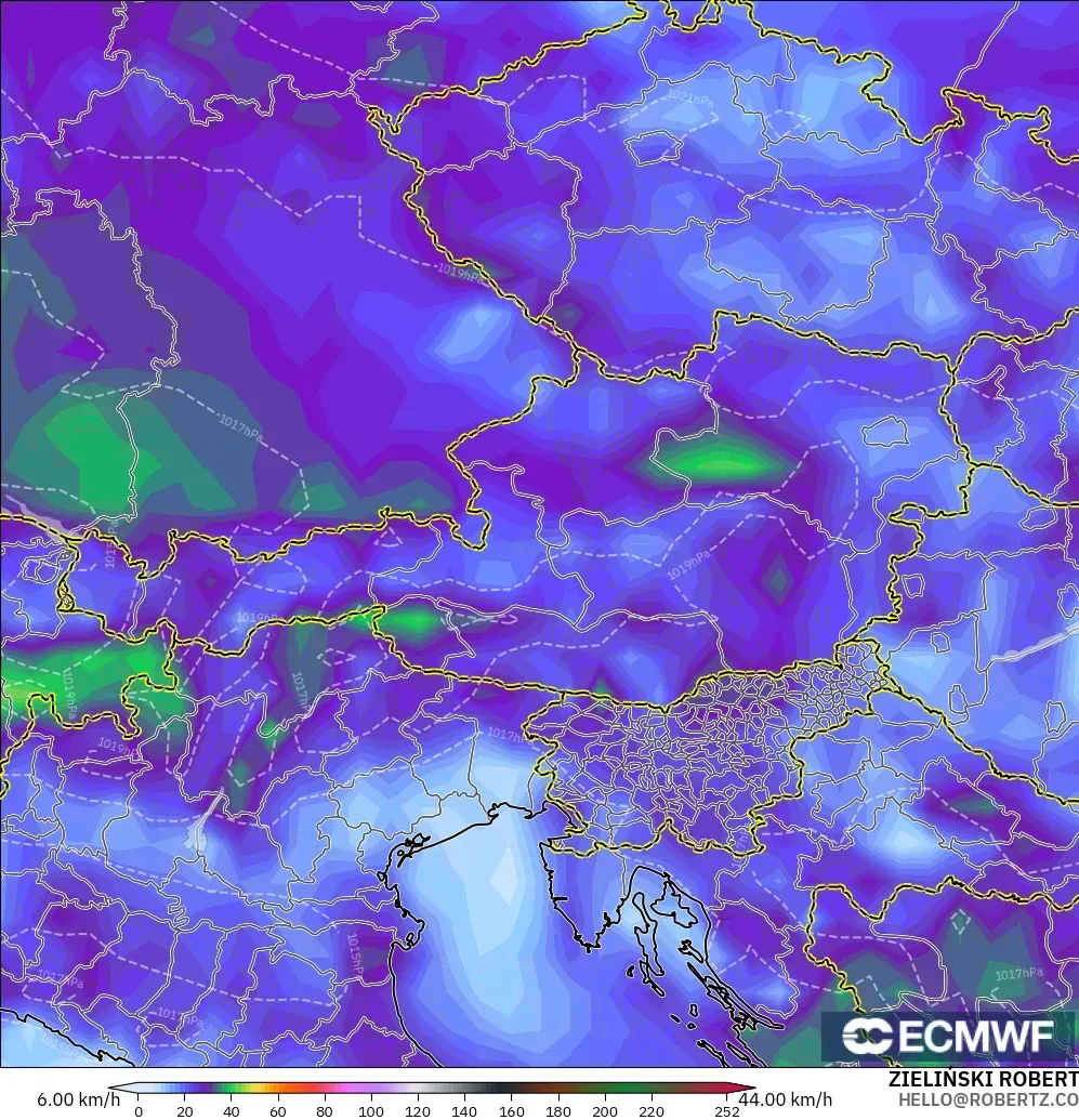 ECMWF IFS 0.25° modelo - Austria, Ráfagas de Viento Máximas