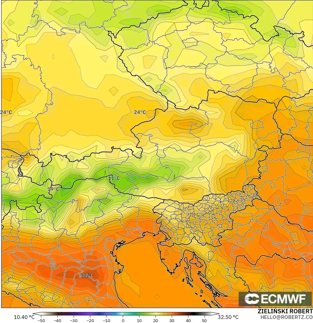 ECMWF IFS 0.25° modelo - Austria, Temperatura a 2 m
