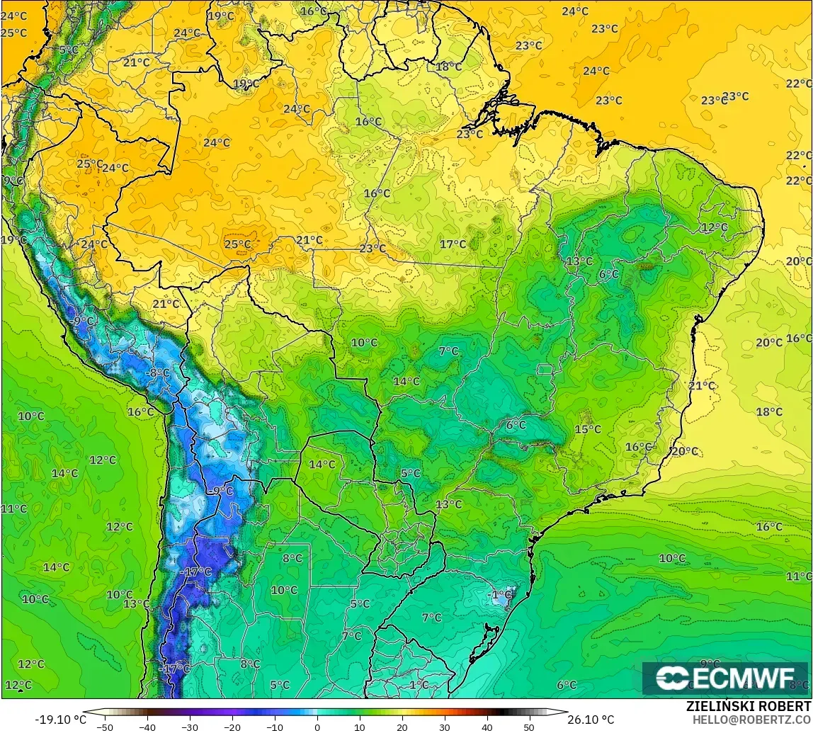 ECMWF IFS 0.25° modelo - Brasil, Punto de rocío a 2 m