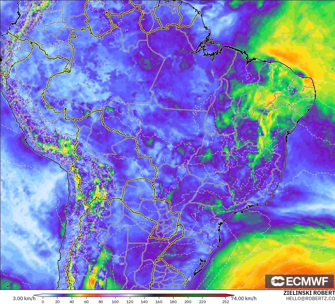 ECMWF IFS 0.25° modelo - Brasil, Ráfagas de Viento Máximas