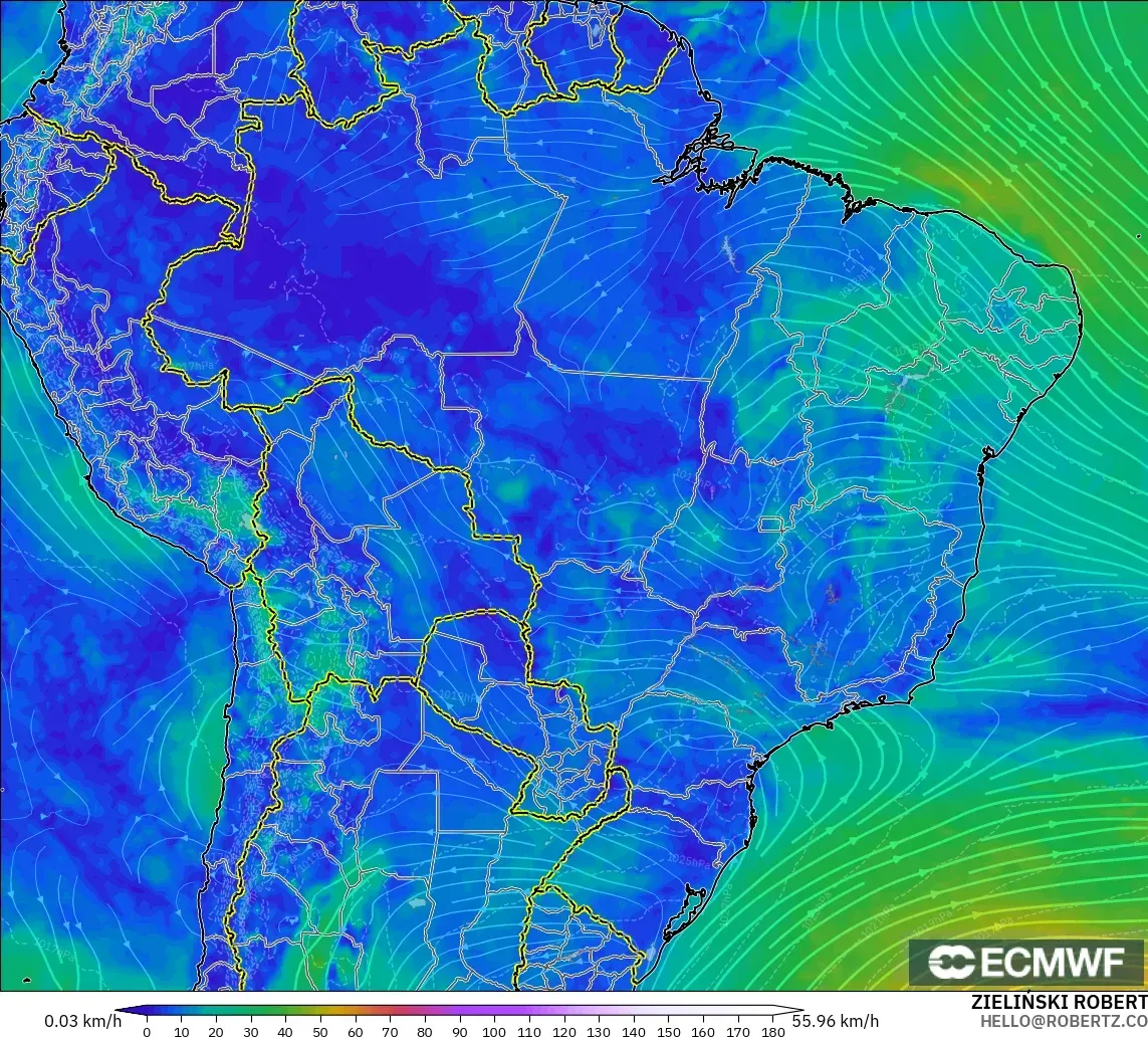 ECMWF IFS 0.25° modelo - Brasil, Viento a 10 m