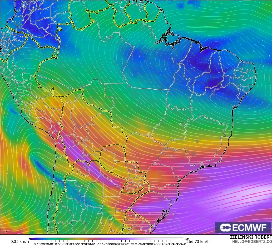 ECMWF IFS 0.25° modelo - Brasil, Viento a 300 hPa (corriente en chorro)