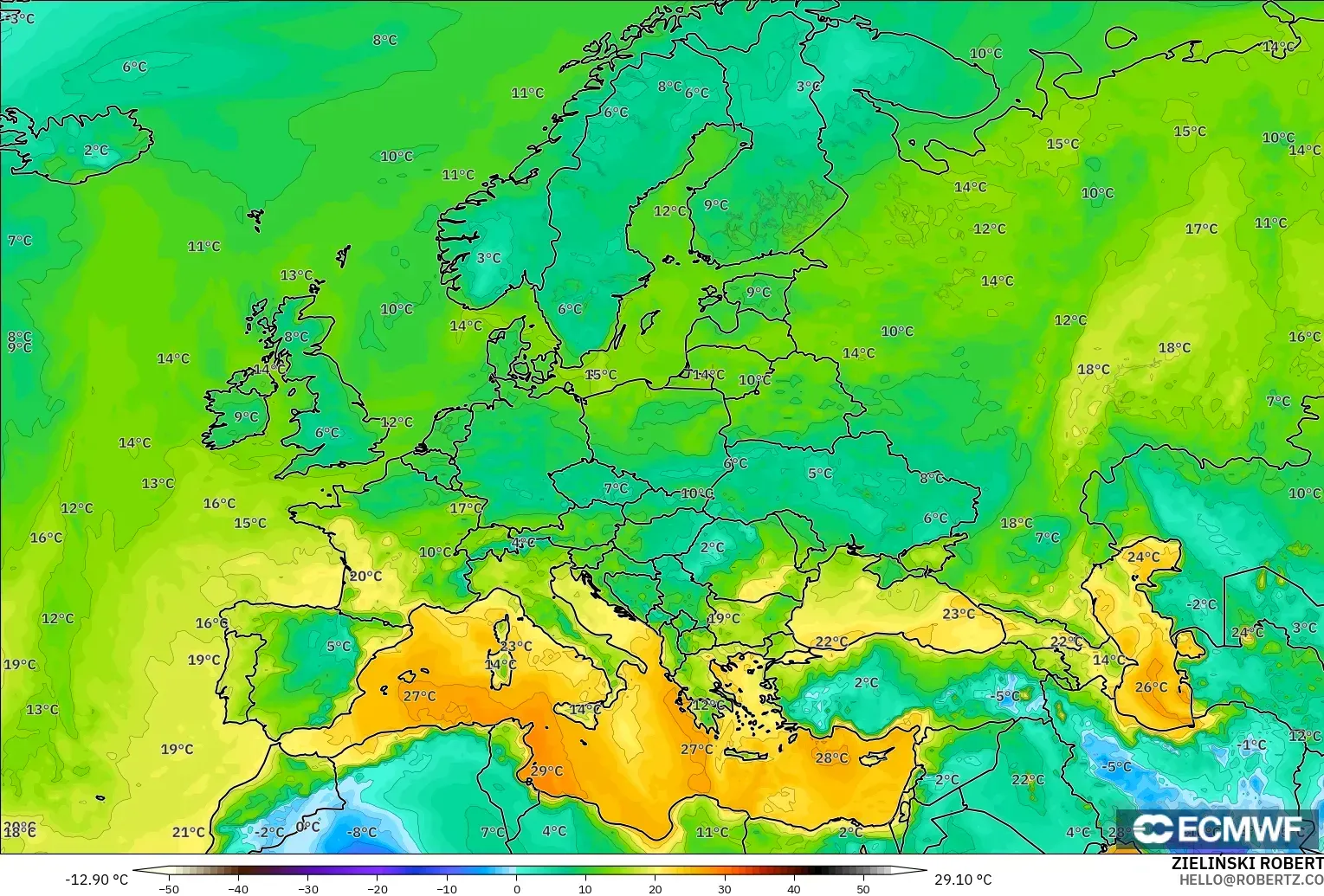 ECMWF IFS 0.25° modelo - Europa, Punto de rocío a 2 m