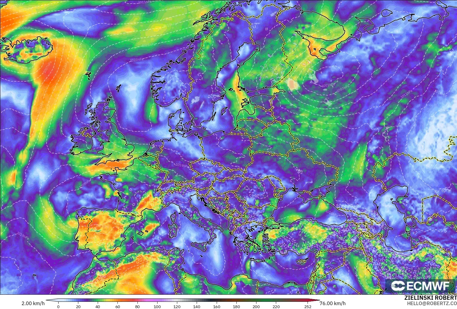 ECMWF IFS 0.25° modelo - Europa, Ráfagas de viento