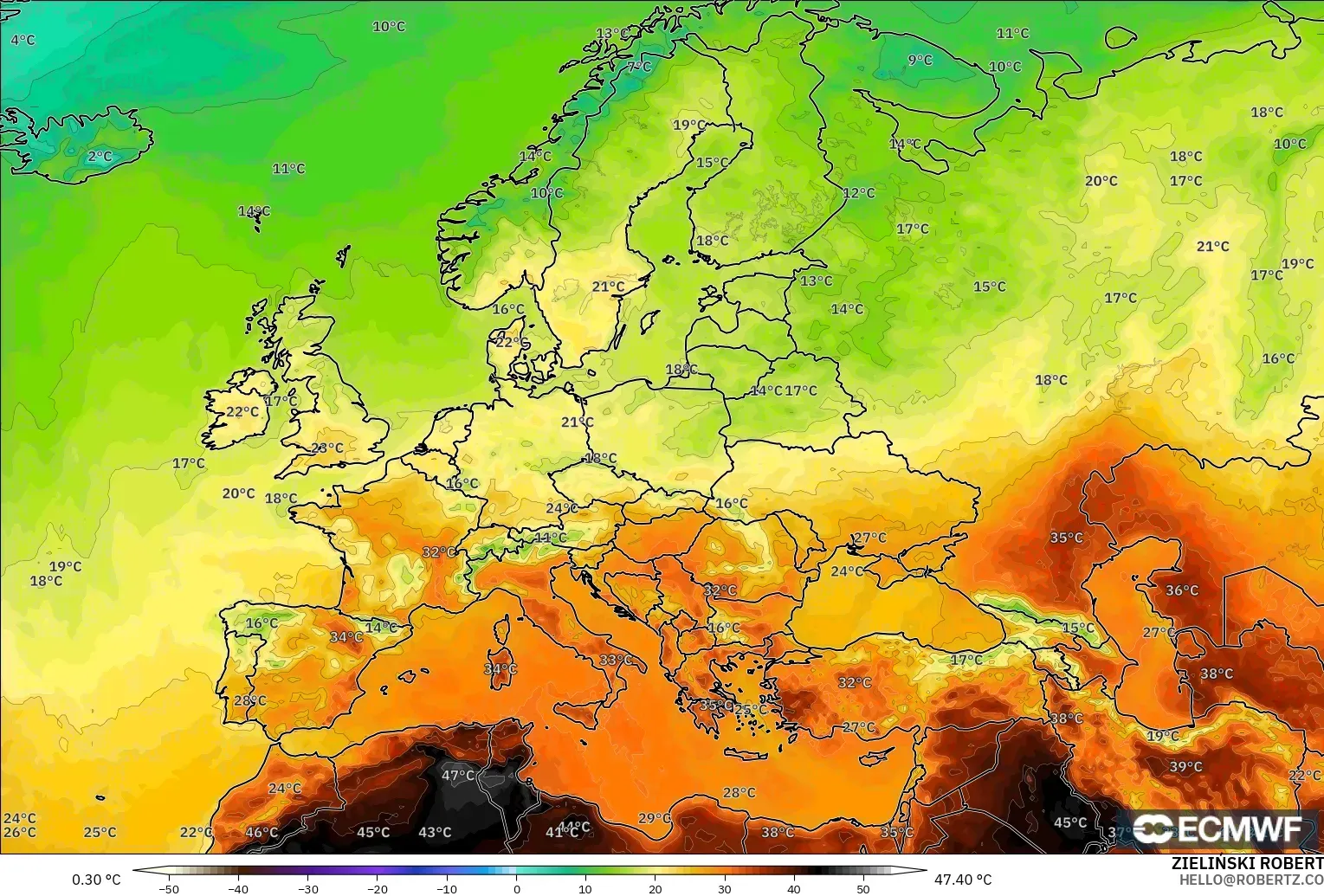 ECMWF IFS 0.25° modelo - Europa, Temperatura a 2 m