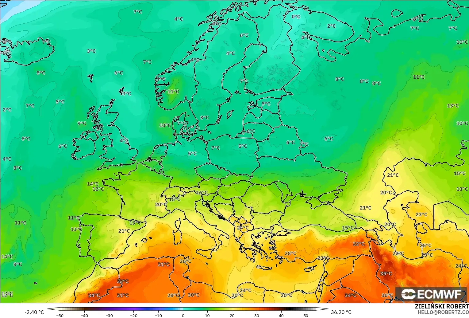 ECMWF IFS 0.25° modelo - Europa, Temperatura a 850 hPa