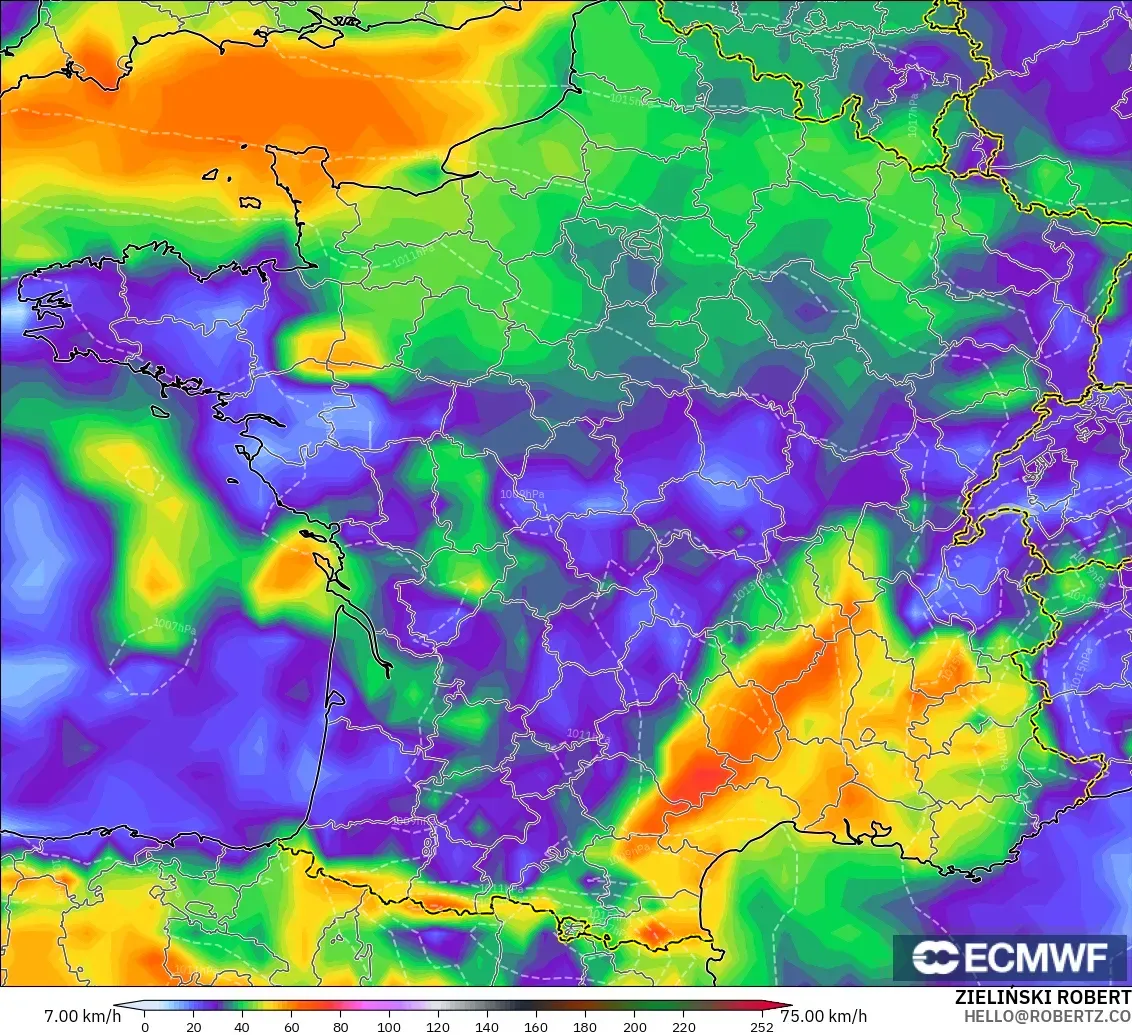 ECMWF IFS 0.25° modelo - Francia, Ráfagas de viento