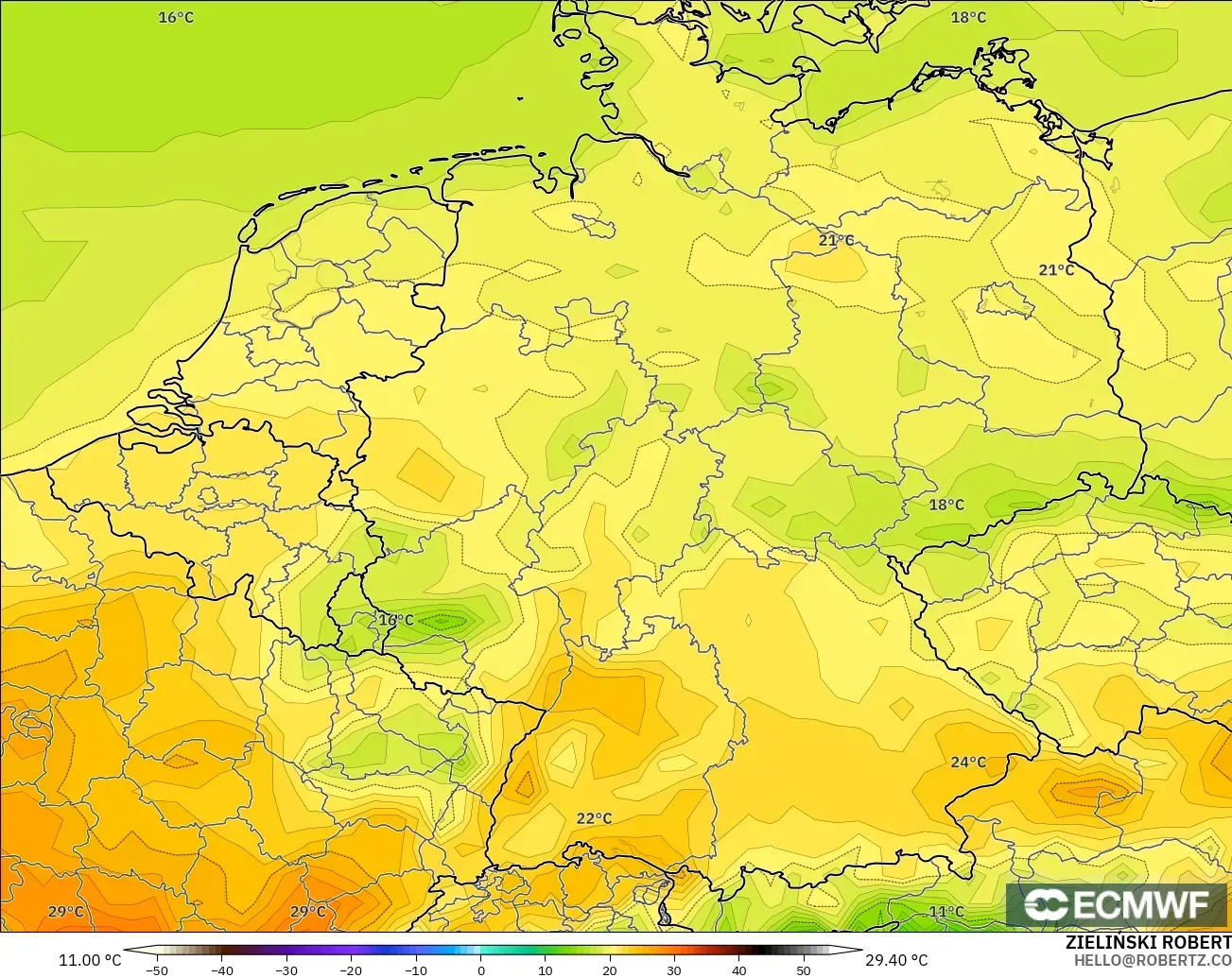 ECMWF IFS 0.25° modelo - Alemania, Temperatura a 2 m