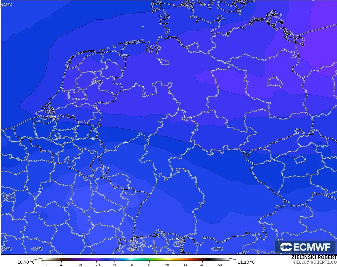 ECMWF IFS 0.25° modelo - Alemania, Temperatura a 500 hPa