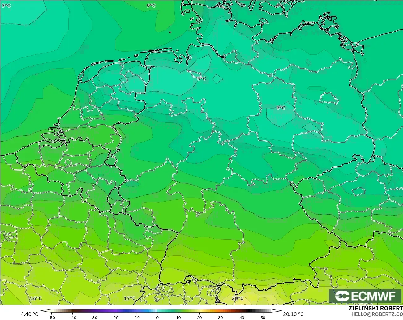 ECMWF IFS 0.25° modelo - Alemania, Temperatura a 850 hPa