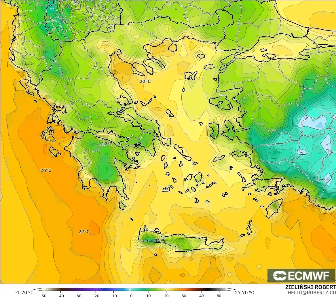 ECMWF IFS 0.25° modelo - Grecia, Punto de rocío a 2 m