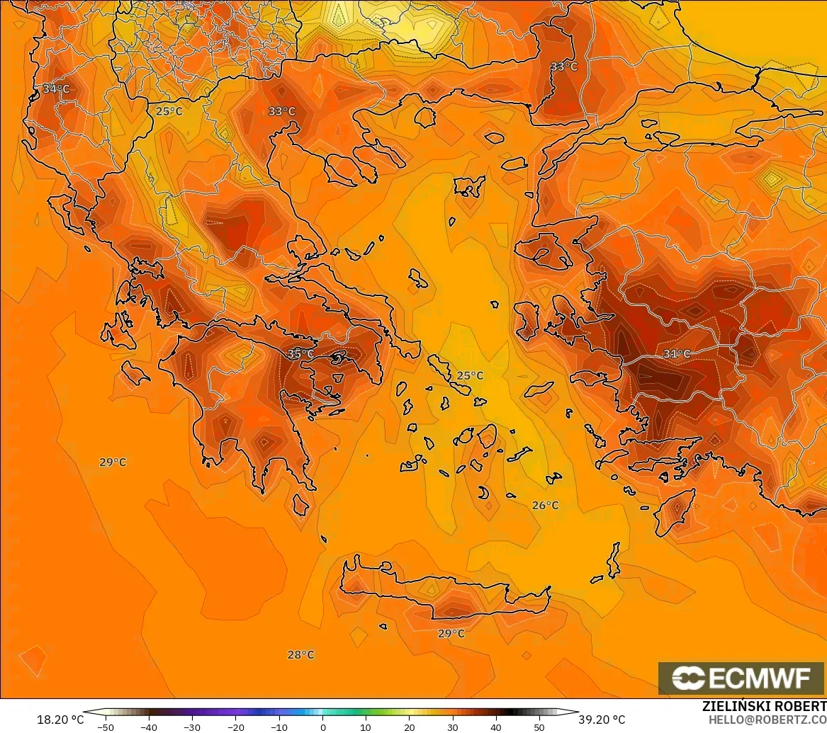ECMWF IFS 0.25° modelo - Grecia, Temperatura a 2 m