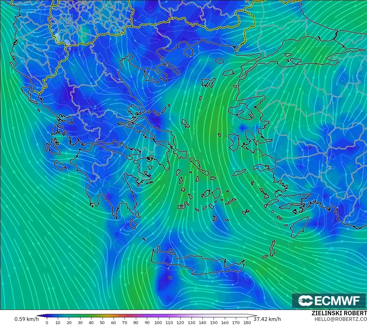 ECMWF IFS 0.25° modelo - Grecia, Viento a 10 m