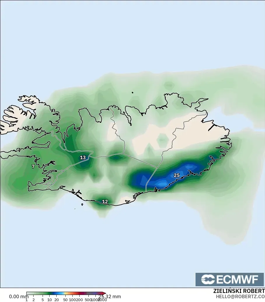 ECMWF IFS 0.25° modelo - Islandia, Acumulación de precipitación