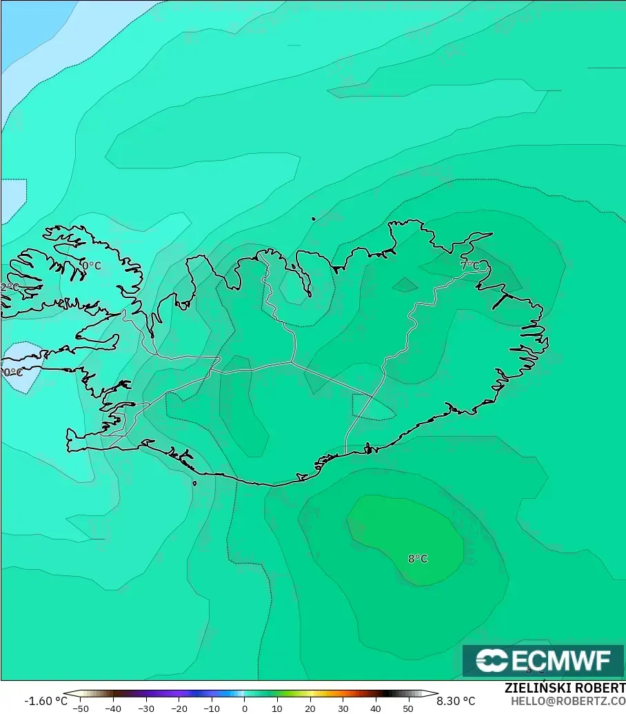 ECMWF IFS 0.25° modelo - Islandia, Temperatura a 850 hPa