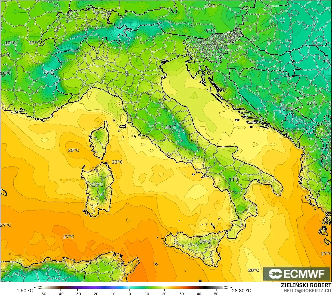 ECMWF IFS 0.25° modelo - Italia, Punto de rocío a 2 m