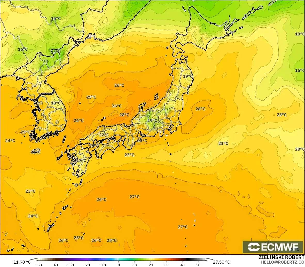 ECMWF IFS 0.25° modelo - Japón, Punto de rocío a 2 m