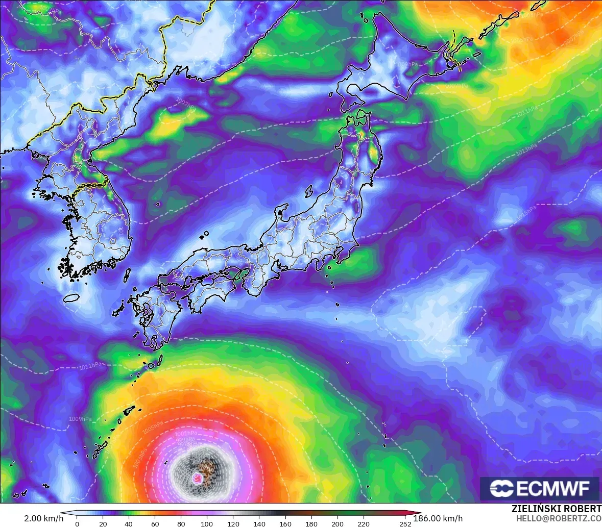 ECMWF IFS 0.25° modelo - Japón, Ráfagas de Viento Máximas