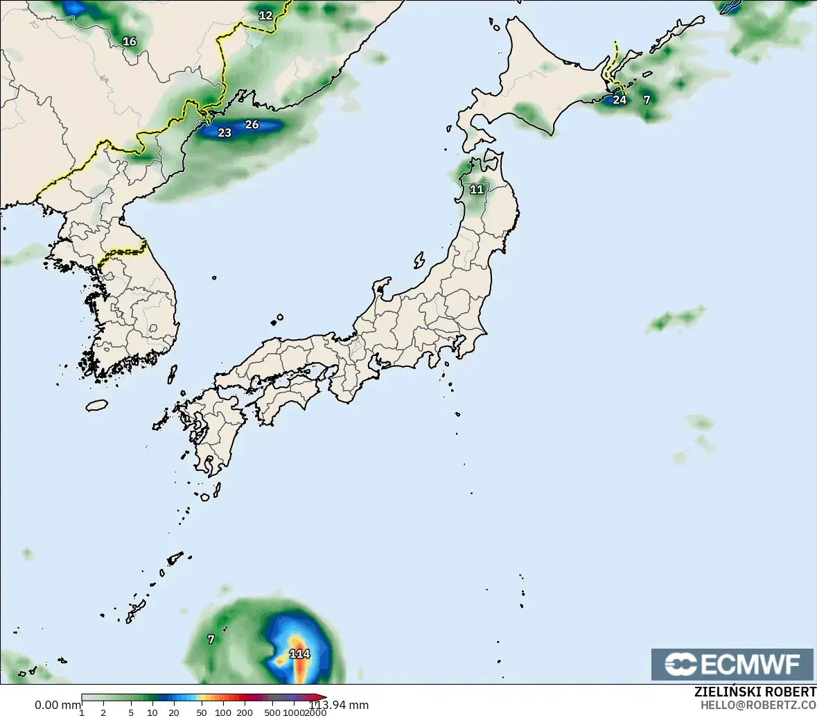 ECMWF IFS 0.25° modelo - Japón, Acumulación de precipitación