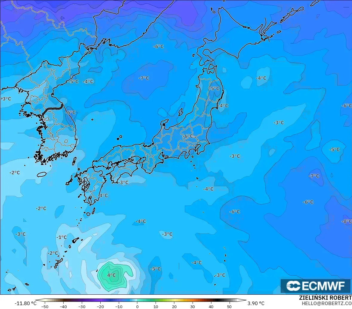 ECMWF IFS 0.25° modelo - Japón, Temperatura a 500 hPa