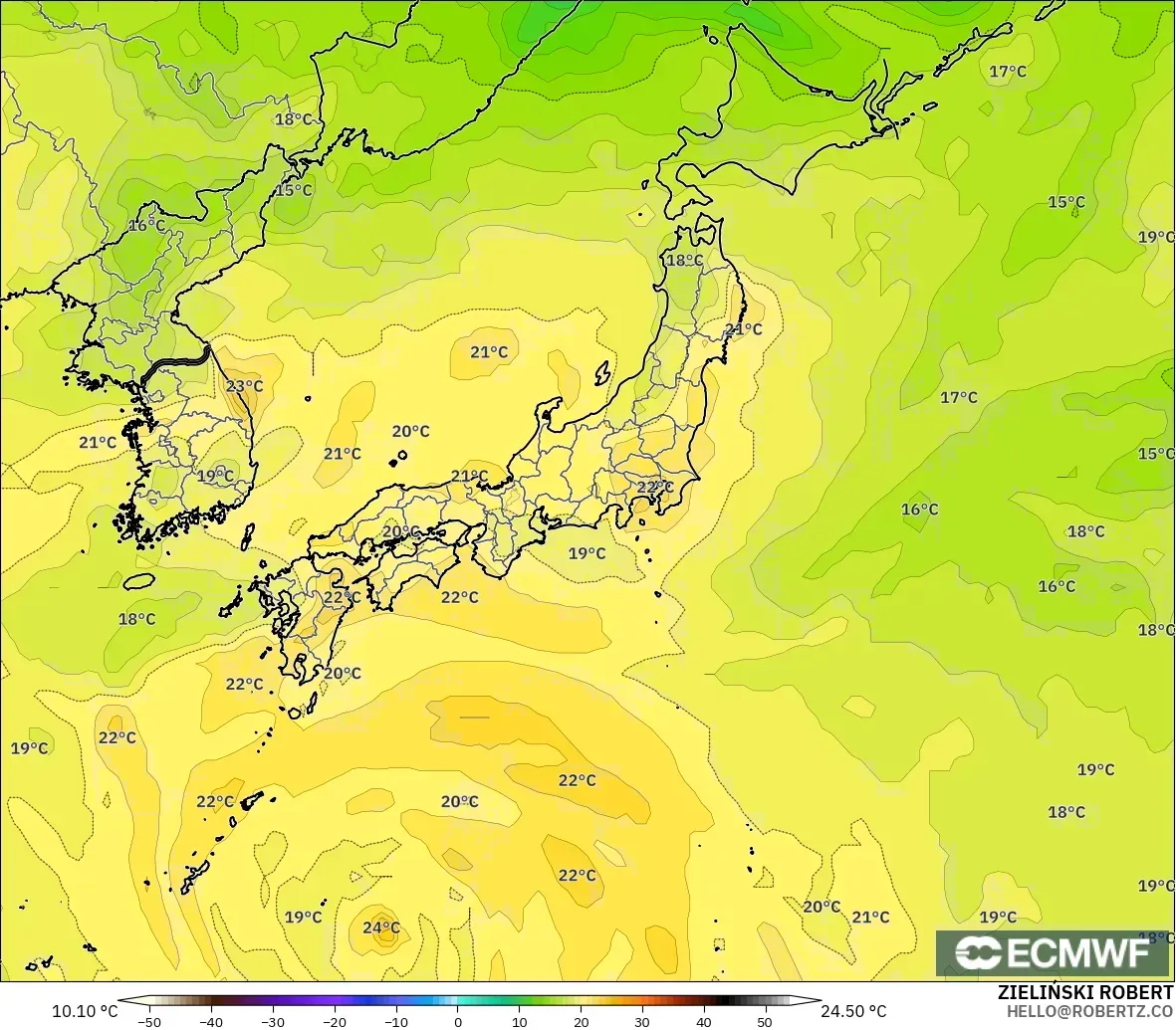 ECMWF IFS 0.25° modelo - Japón, Temperatura a 850 hPa