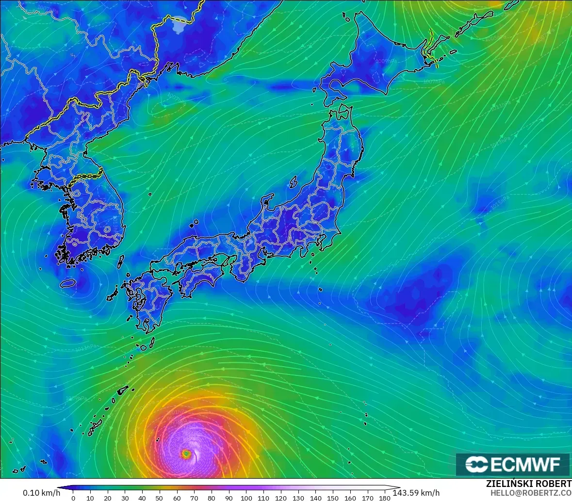 ECMWF IFS 0.25° modelo - Japón, Viento a 10 m