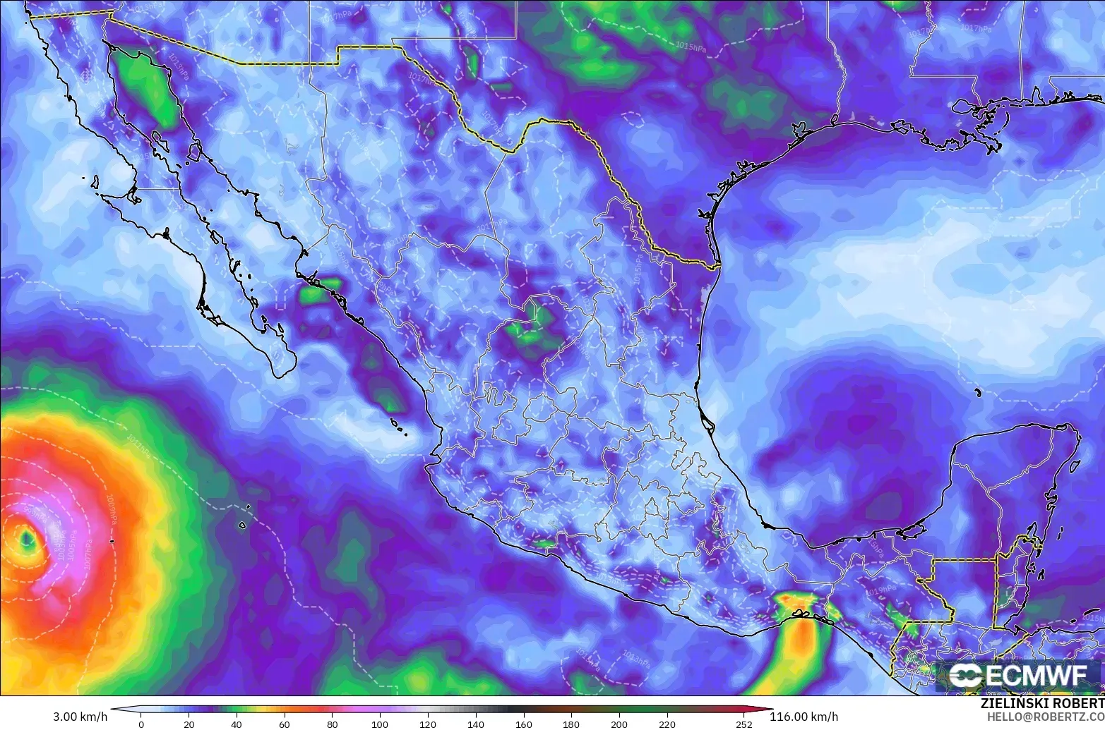 ECMWF IFS 0.25° modelo - México, Ráfagas de Viento Máximas