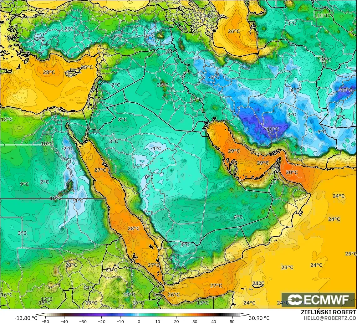 ECMWF IFS 0.25° modelo - Oriente Medio, Punto de rocío a 2 m