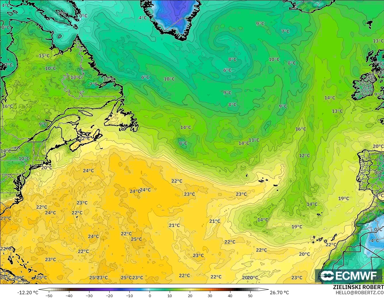 ECMWF IFS 0.25° modelo - Norte Atlántico, Punto de rocío a 2 m