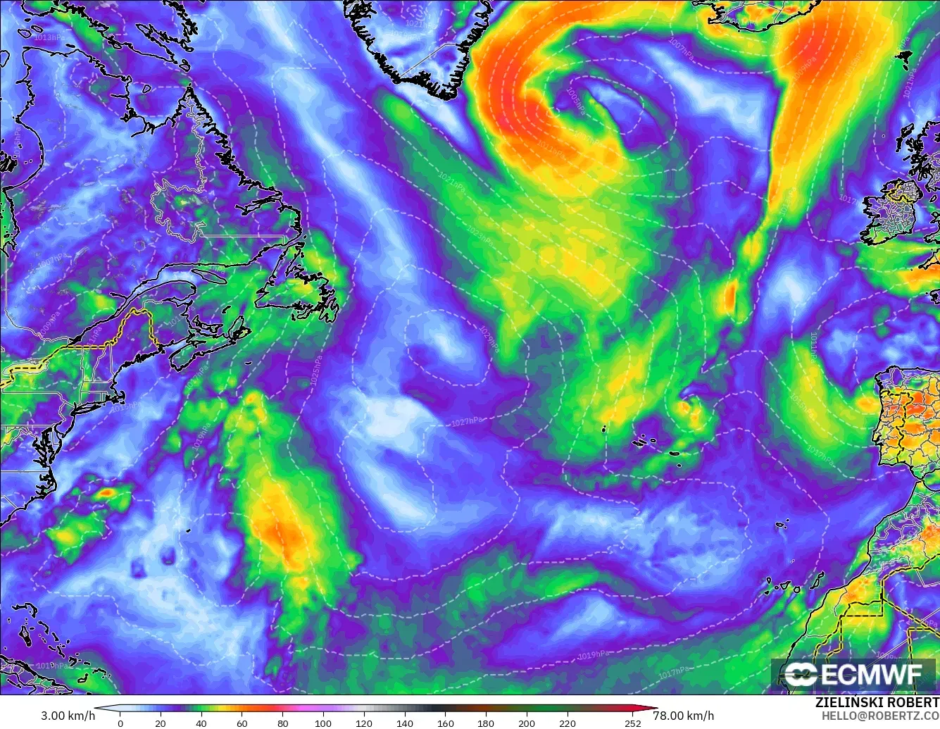 ECMWF IFS 0.25° modelo - Norte Atlántico, Ráfagas de viento