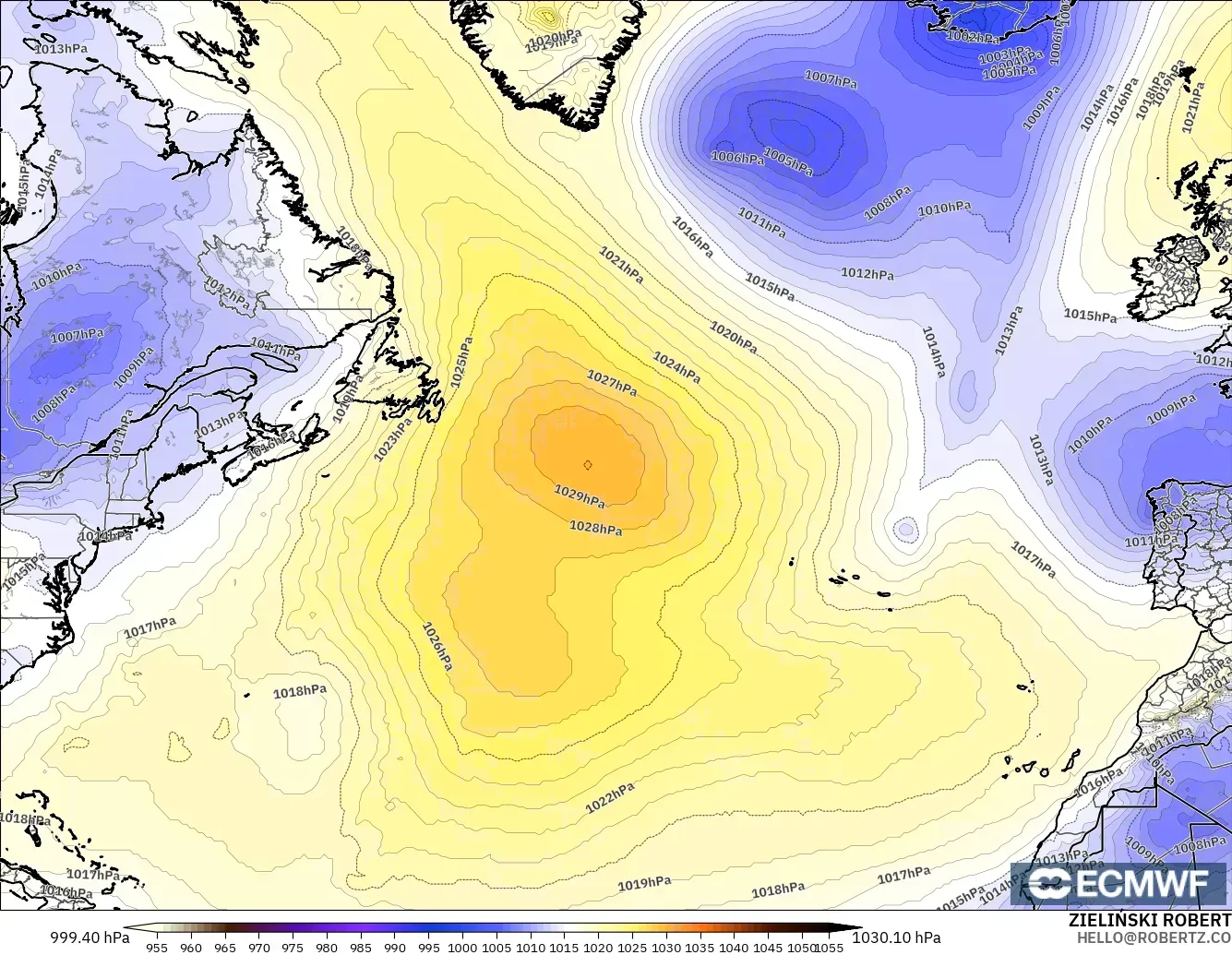 ECMWF IFS 0.25° modelo - Norte Atlántico, Presión